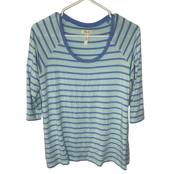 Matilda Jane Womens Small Blue Striped Oversize Tee Top 3/4 Sleeve Scoop Neck - Picture 1 of 5